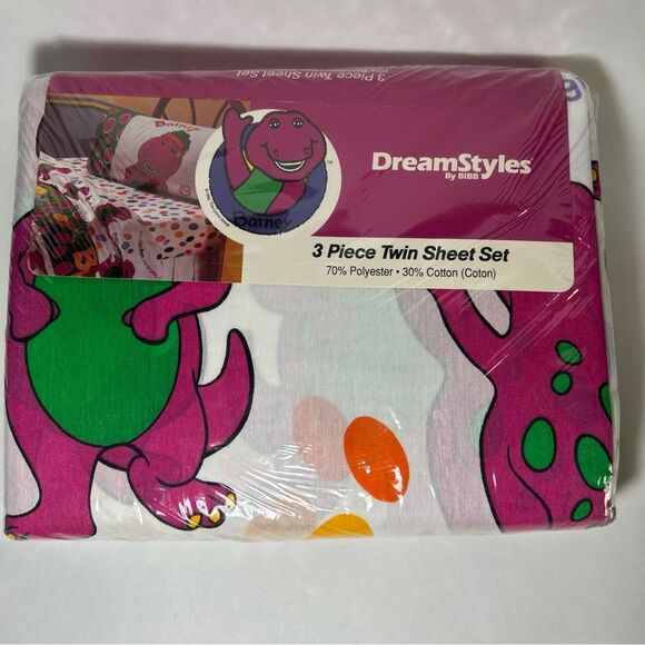 New Barney Dinosaur Twin 3 Piece Sheet Set Bibb DreamStyles Made In USA